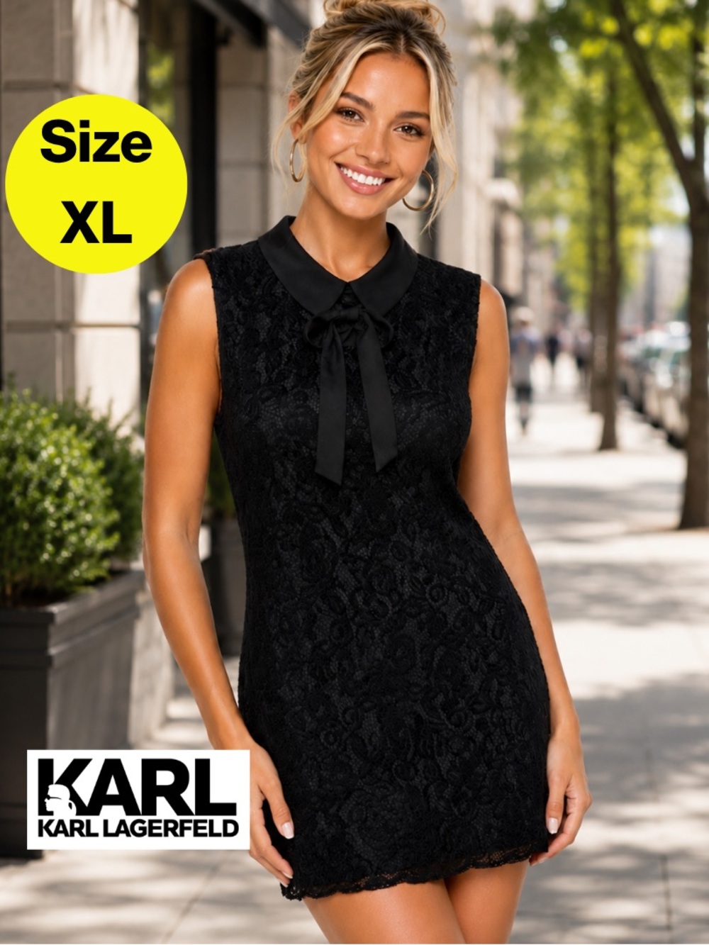 KARL LAGERFELD 🖤 Black Lace Tie-Neck Mini Dress (Women’s Size X-Large) - Picture 1 of 10